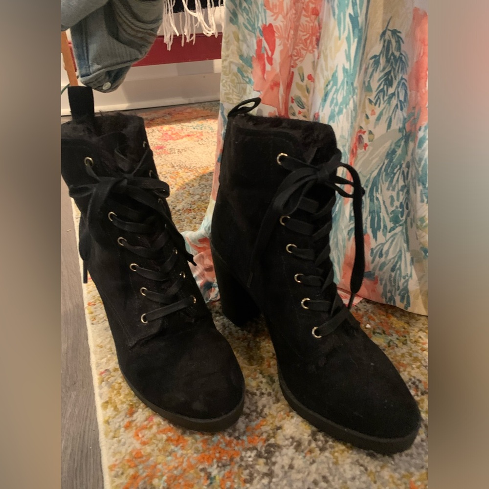 Lace up faux fur lined suede booties